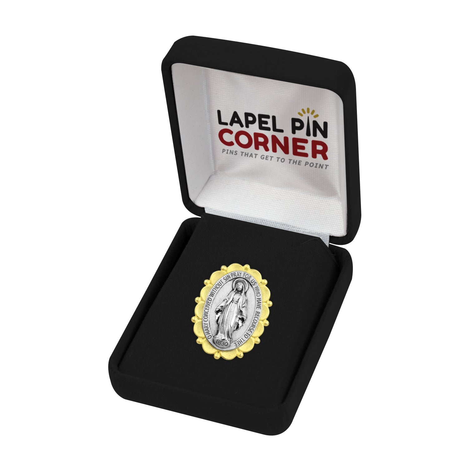 3/4 Inch Two - Toned Sterling Silver Miraculous Medal Pin With Spring Loaded Quality Clutch - Lapel Pin Corner