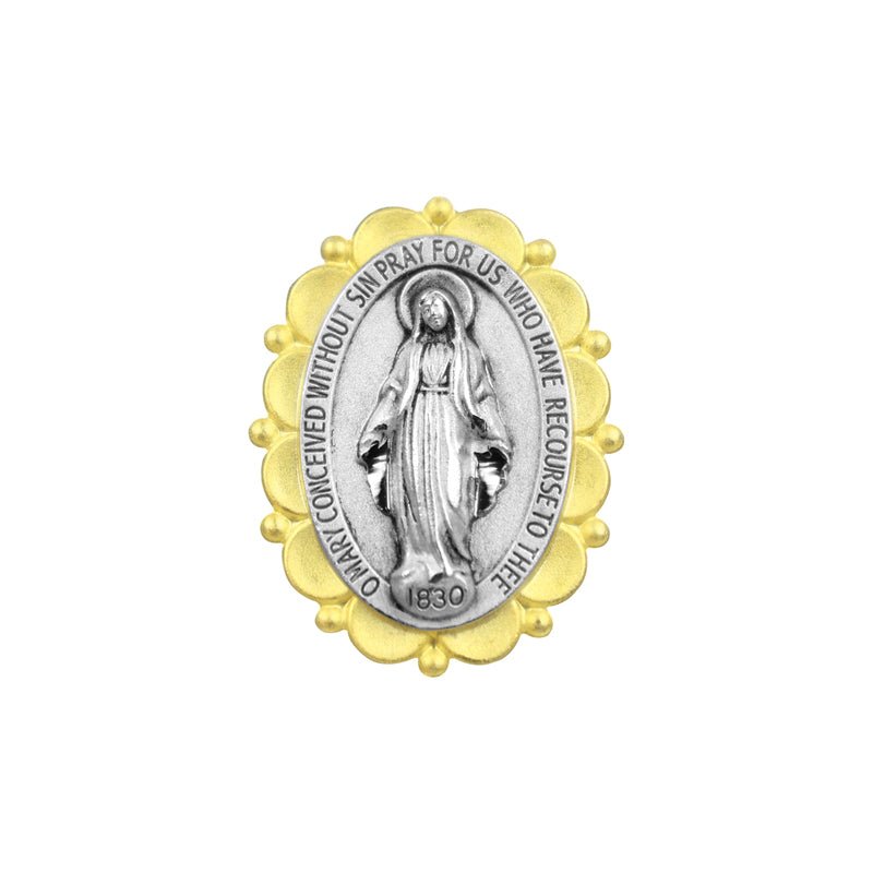 3/4 Inch Two - Toned Sterling Silver Miraculous Medal Pin With Spring Loaded Quality Clutch - Lapel Pin Corner