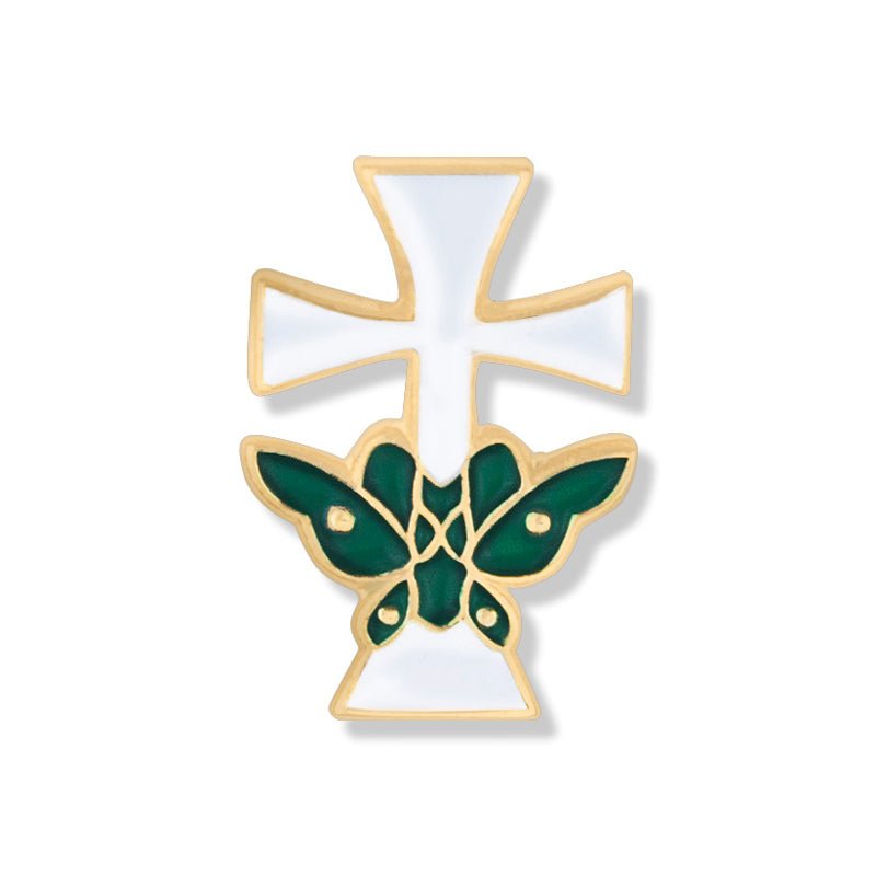 5/8 Inch Gold Enameled Butterfly on White Cross Lapel Pin - Lapel Pin Corner