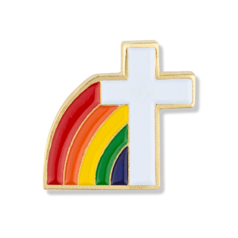5/8 Inch Gold Enameled Cross and Rainbow Lapel Pin - Lapel Pin Corner