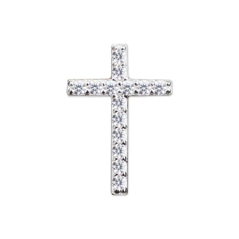 5/8 Inch Polished Sterling Silver Cross Pin With Cubic Zirconia Stones And Spring Loaded Quality Clutch - Lapel Pin Corner