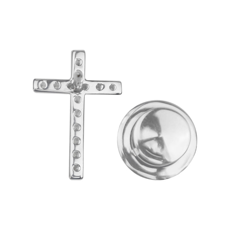 5/8 Inch Polished Sterling Silver Cross Pin With Cubic Zirconia Stones And Spring Loaded Quality Clutch - Lapel Pin Corner