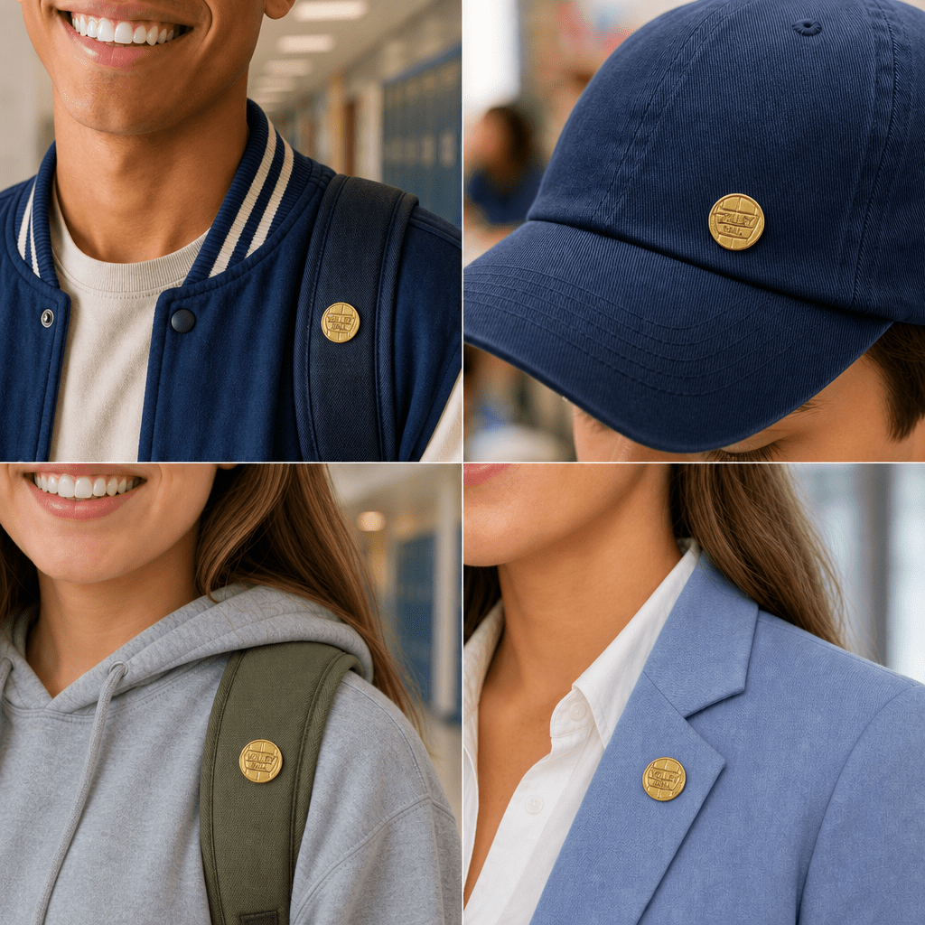 7/16 Inch Gold "Volleyball" on Volleyball Chenille Pin - Lapel Pin Corner