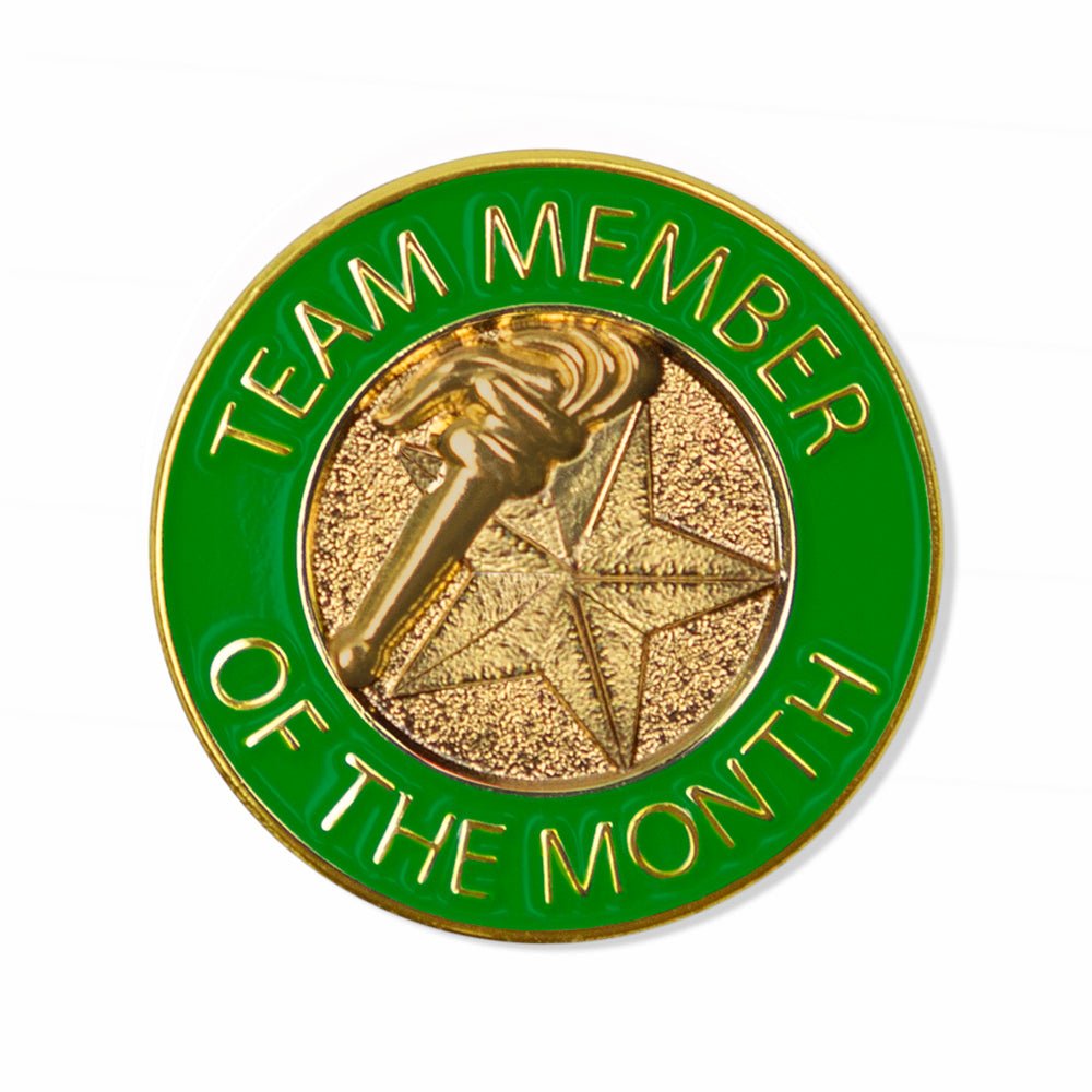 7/8 Inch Bright Gold Green "Team Member of the Month" Lapel Pin-Brooches & Lapel Pins-Lapel Pin Corner
