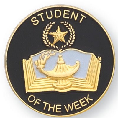 7/8 Inch Gold "Student of the Week" with Lamp of Learning, Scroll and Star Enameled Lapel Pin-Brooches & Lapel Pins-Lapel Pin Corner