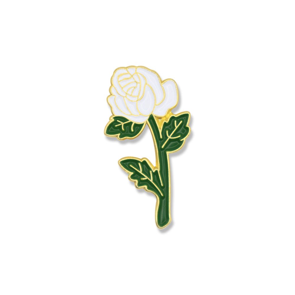 7/8 Inch Long Stem White Rose Enameled Lapel Pin-Brooches & Lapel Pins-Lapel Pin Corner