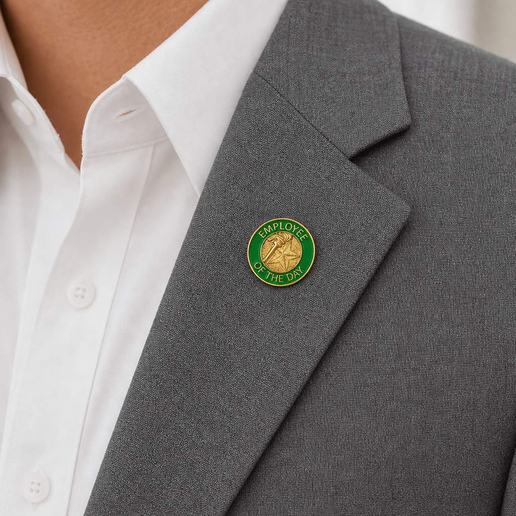 7/8 Inch Bright Gold Green "Employee of the Day" Lapel Pin - Lapel Pin Corner