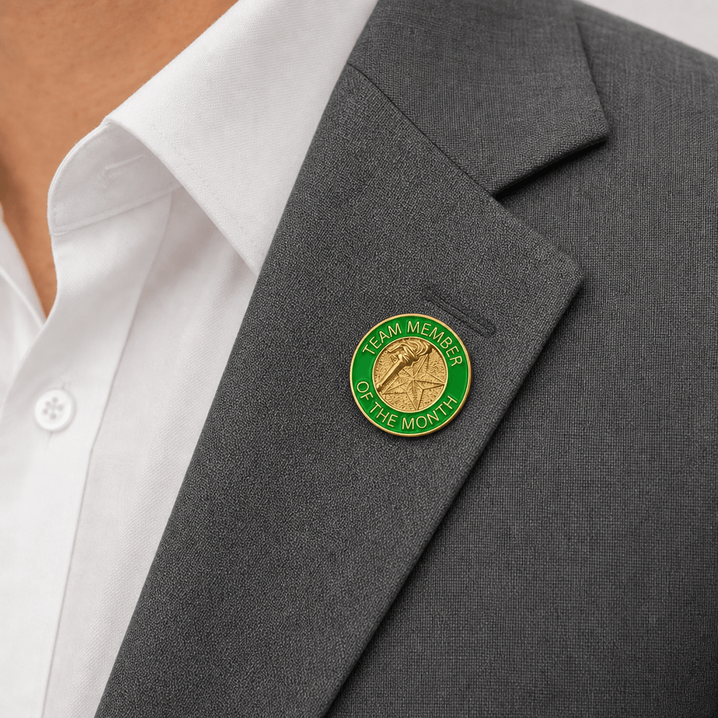 7/8 Inch Bright Gold Green "Team Member of the Month" Lapel Pin - Lapel Pin Corner
