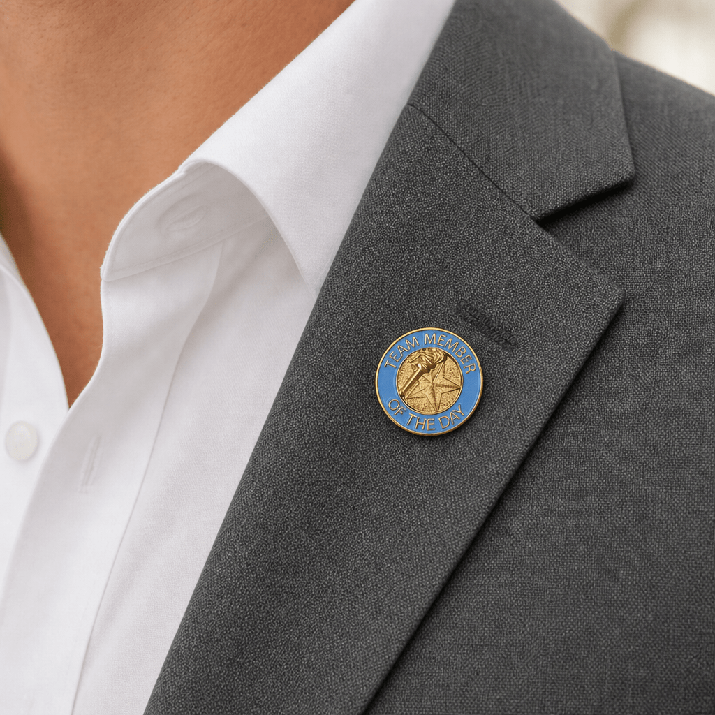 7/8 Inch Bright Gold Light Blue "Team Member of the Day" Lapel Pin - Lapel Pin Corner