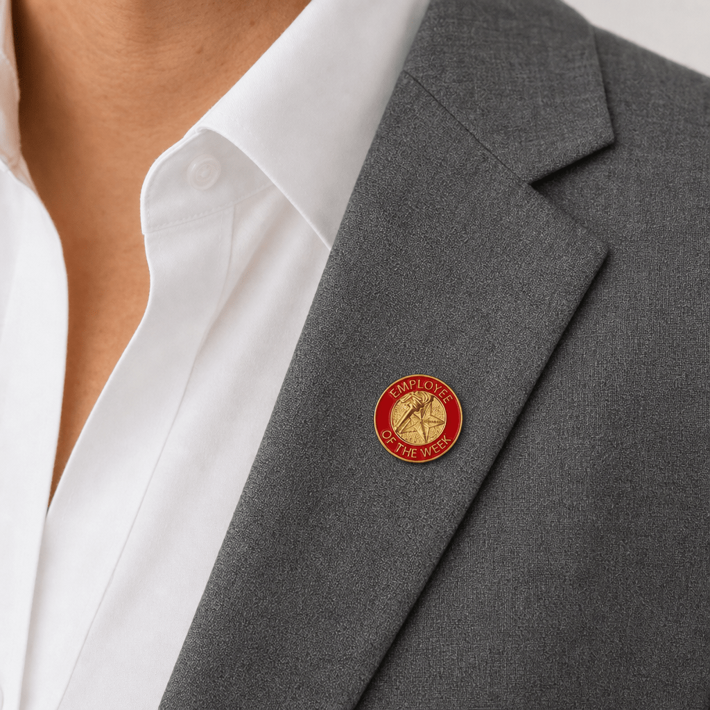 7/8 Inch Bright Gold Red "Employee of the Week" Lapel Pin - Lapel Pin Corner