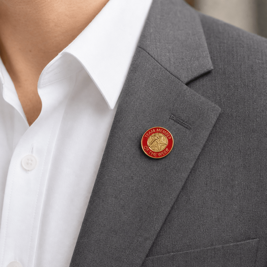 7/8 Inch Bright Gold Red "Team Member of the Week" Lapel Pin - Lapel Pin Corner