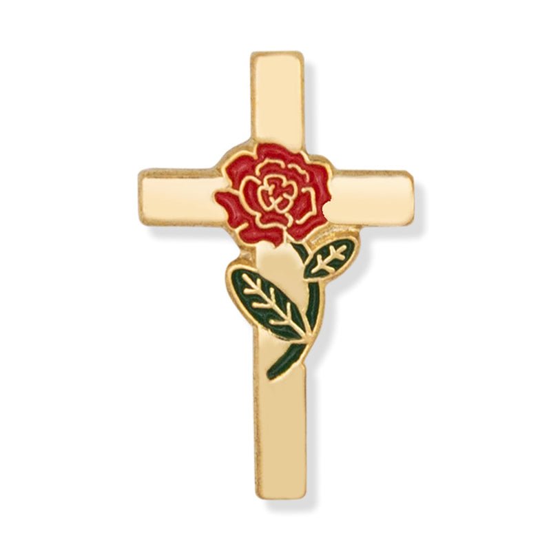 7/8 Inch Gold Cross with Enameled Red Rose and Long Stem Lapel Pin - Lapel Pin Corner