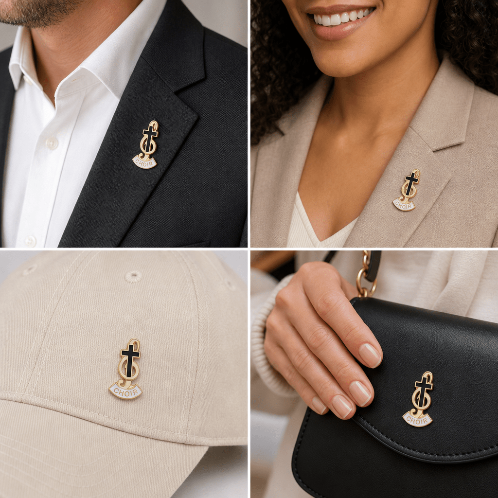 7/8 Inch Gold Enameled Music Choir and Cross Lapel Pin - Lapel Pin Corner