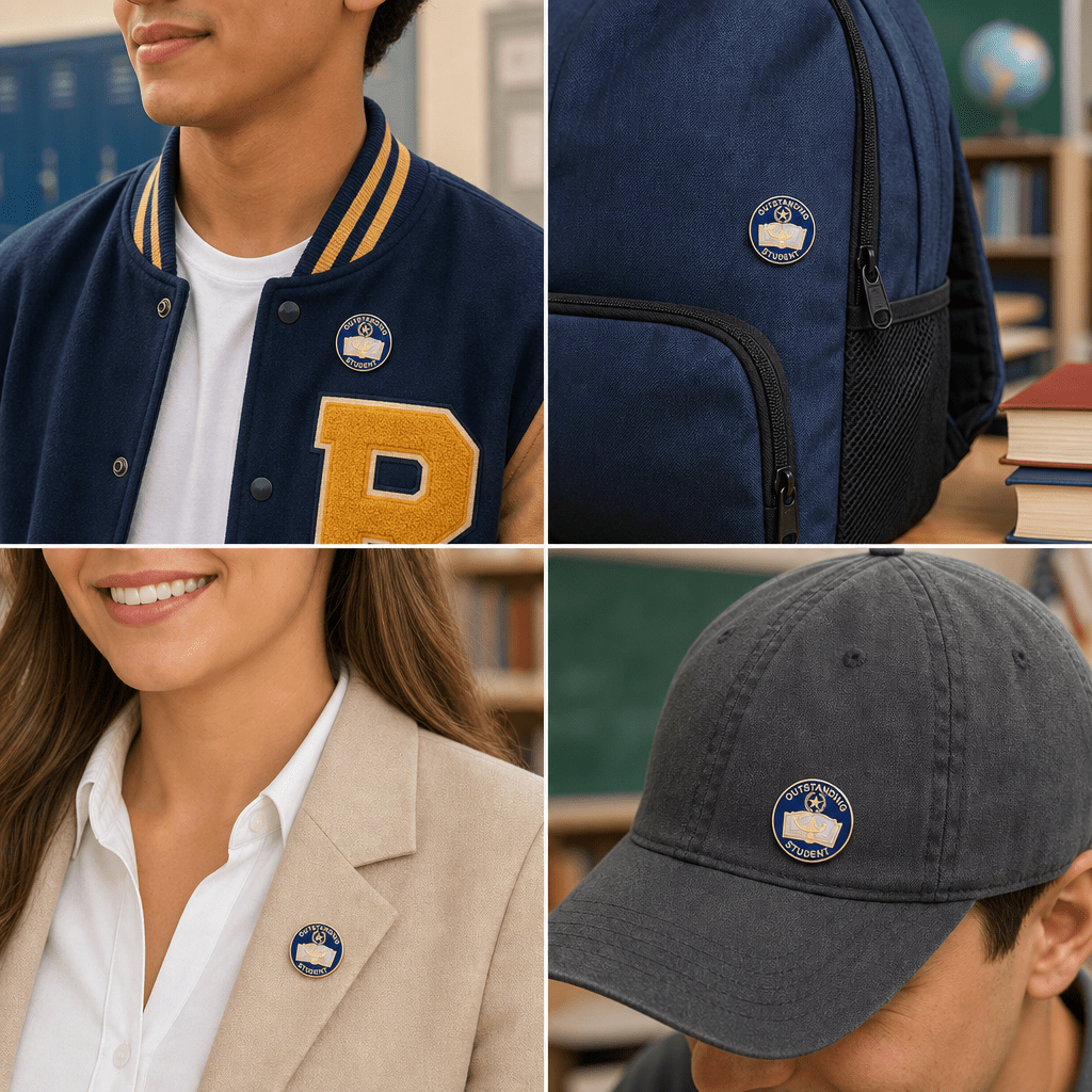 7/8 Inch Gold "Outstanding Student" with Open Book, Lamp of Learning and Star Enameled Lapel Pin - Lapel Pin Corner