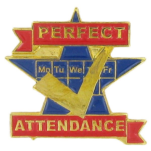 7/8 Inch Gold "Perfect Attendance" with Star and Check Mark Enameled Lapel Pin - Lapel Pin Corner