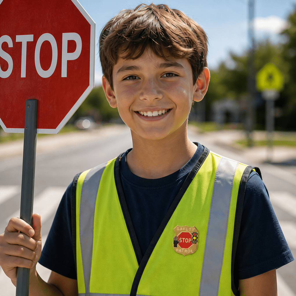 7/8 Inch Gold "Safety Patrol Pin with Stop Sign, Hand Signal, Traffic Light Enameled Lapel Pin - Lapel Pin Corner