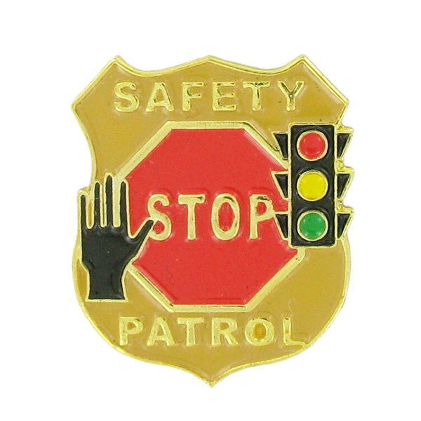 7/8 Inch Gold "Safety Patrol Pin with Stop Sign, Hand Signal, Traffic Light Enameled Lapel Pin - Lapel Pin Corner