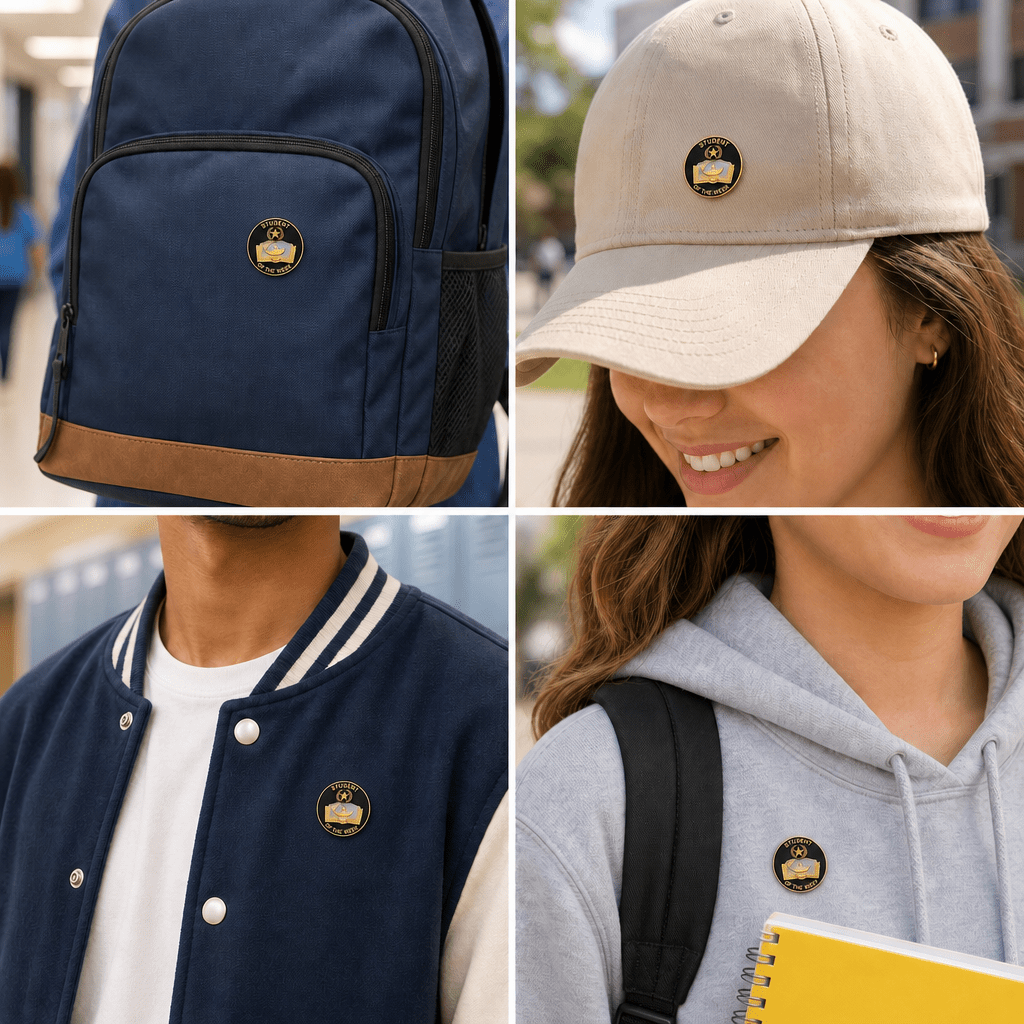 7/8 Inch Gold "Student of the Week" with Lamp of Learning, Scroll and Star Enameled Lapel Pin - Lapel Pin Corner