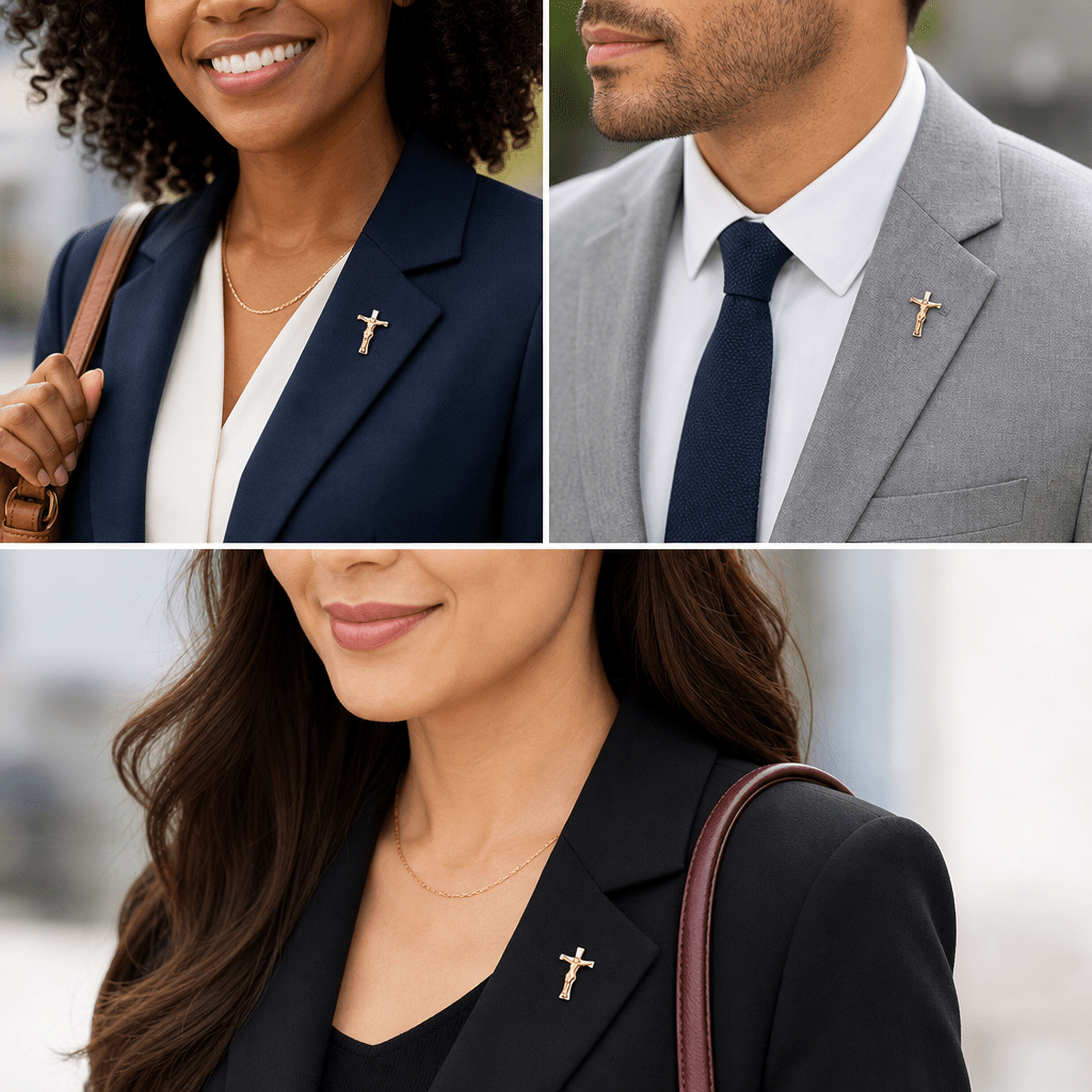 7/8 Two-Tone Silver and Gold Crucifix Lapel Pin - Lapel Pin Corner