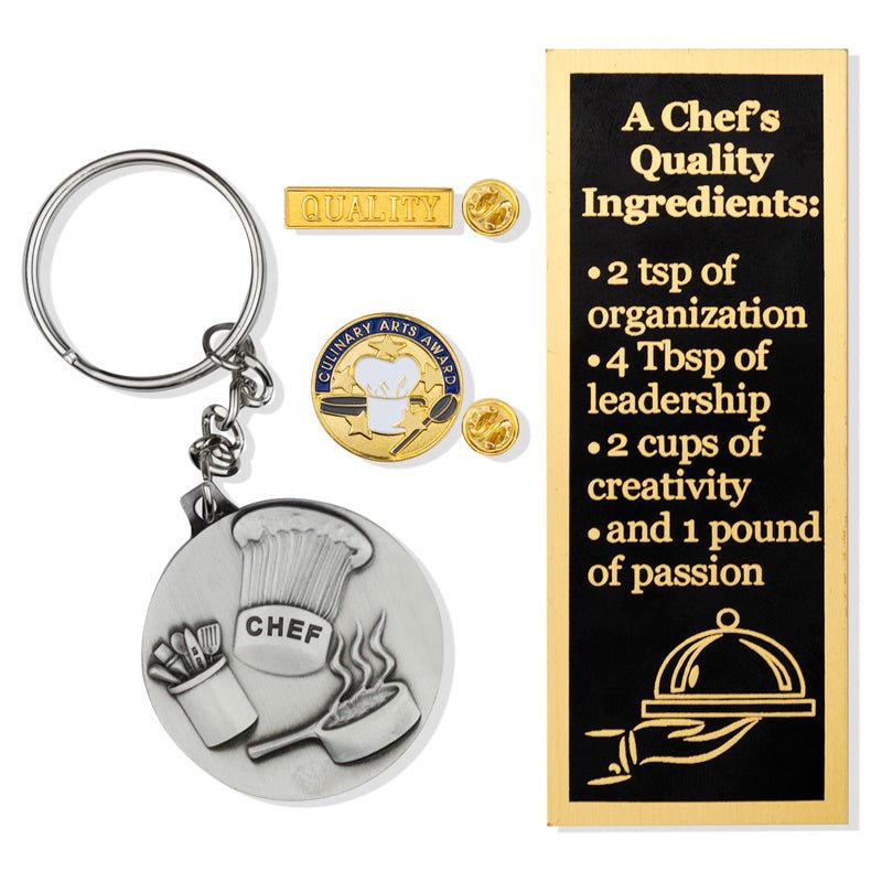 A Chef's "Quality Ingredients" Appreciation Boxed Gift Set-Includes Plaque, Keychain, and Lapel Pins-Brooches & Lapel Pins-Lapel Pin Corner