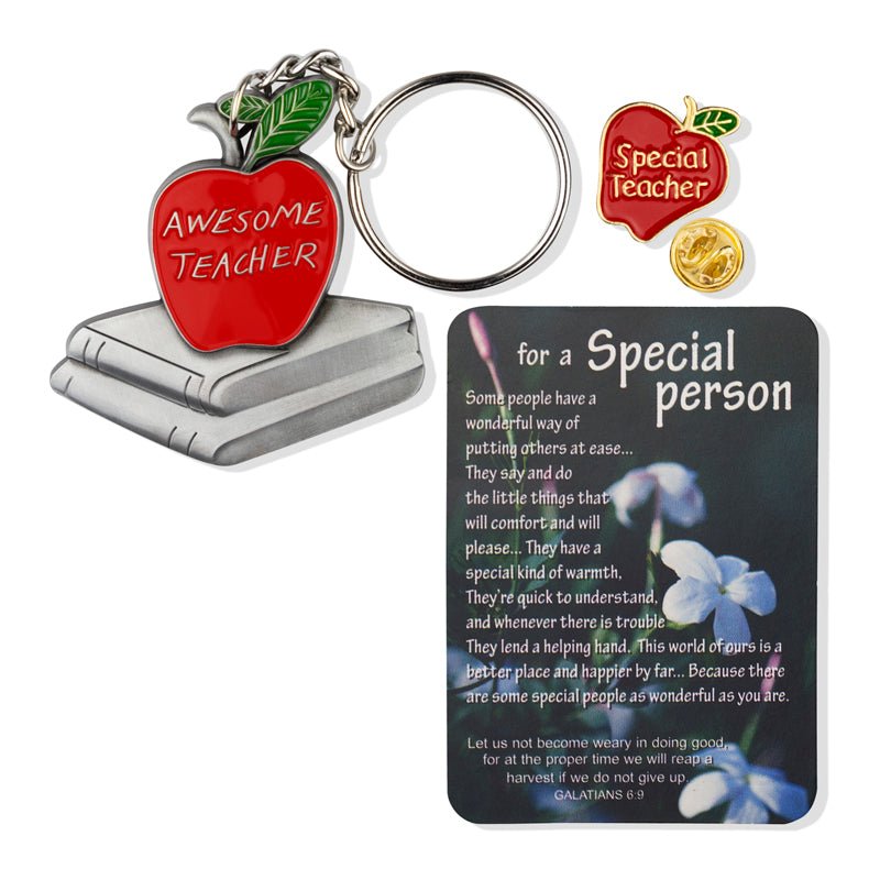 "Awesome Teacher" Appreciation Boxed Gift Set-Includes Verse Card, Keychain, and Lapel Pin-Brooches & Lapel Pins-Lapel Pin Corner