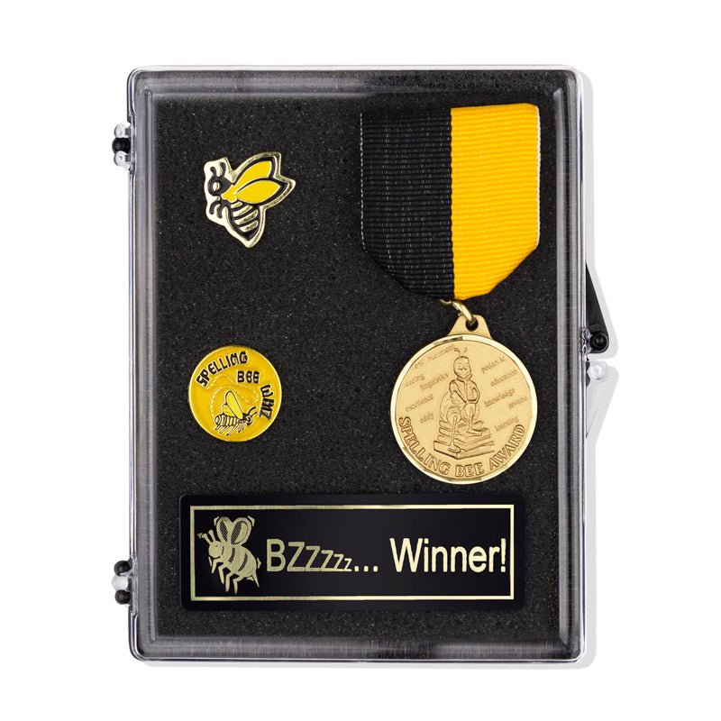 "Bzzz... Winner!" Spelling Bee Appreciation Boxed Gift Set-Includes Medal, Plaque, and Lapel Pins-Brooches & Lapel Pins-Lapel Pin Corner