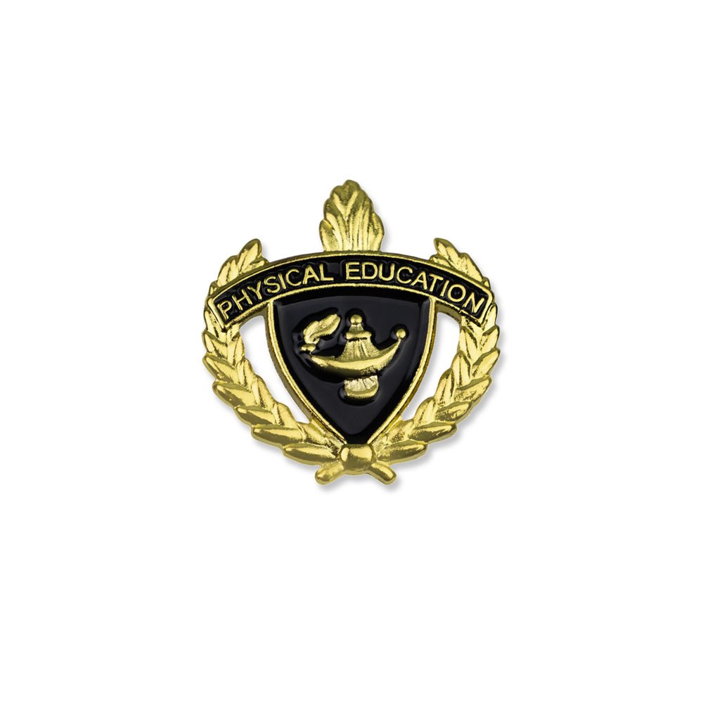 1 Inch Gold "Physical Education" with Lamp of Learning and Wreaths Enameled Lapel Pin-Brooches & Lapel Pins-Lapel Pin Corner