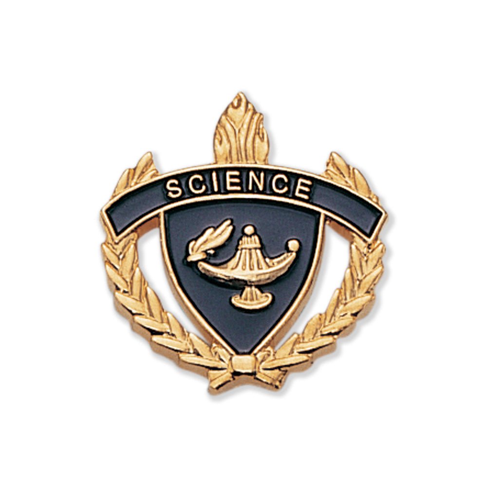 1 Inch Gold "Science" with Lamp of Learning and Wreaths Enameled Lapel Pin-Brooches & Lapel Pins-Lapel Pin Corner