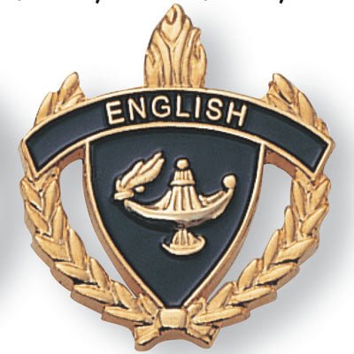 1 Inch Gold "English" with Lamp of Learning and Wreaths Enameled Lapel Pin-Brooches & Lapel Pins-Lapel Pin Corner
