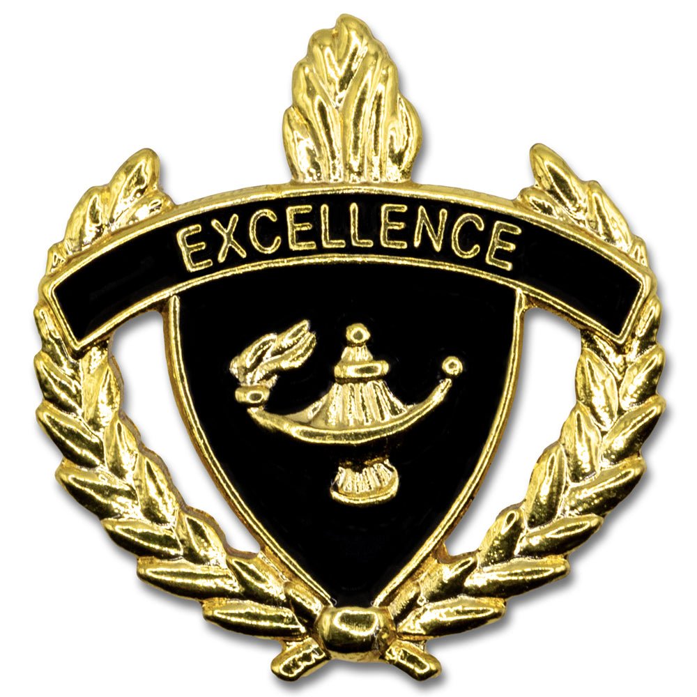 1 Inch Gold "Excellence" with Lamp of Learning and Wreaths Enameled Lapel Pin-Brooches & Lapel Pins-Lapel Pin Corner