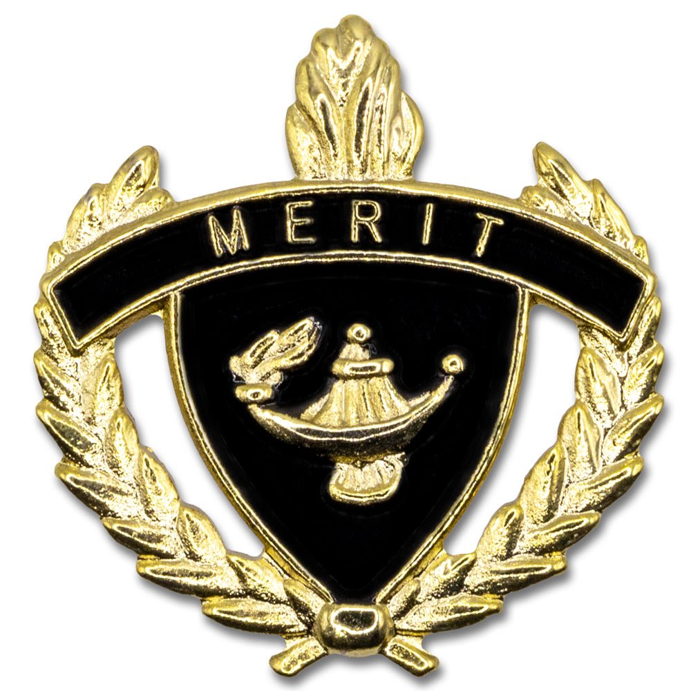 1 Inch Gold "Merit" with Lamp of Learning and Wreaths Enameled Lapel Pin-Brooches & Lapel Pins-Lapel Pin Corner