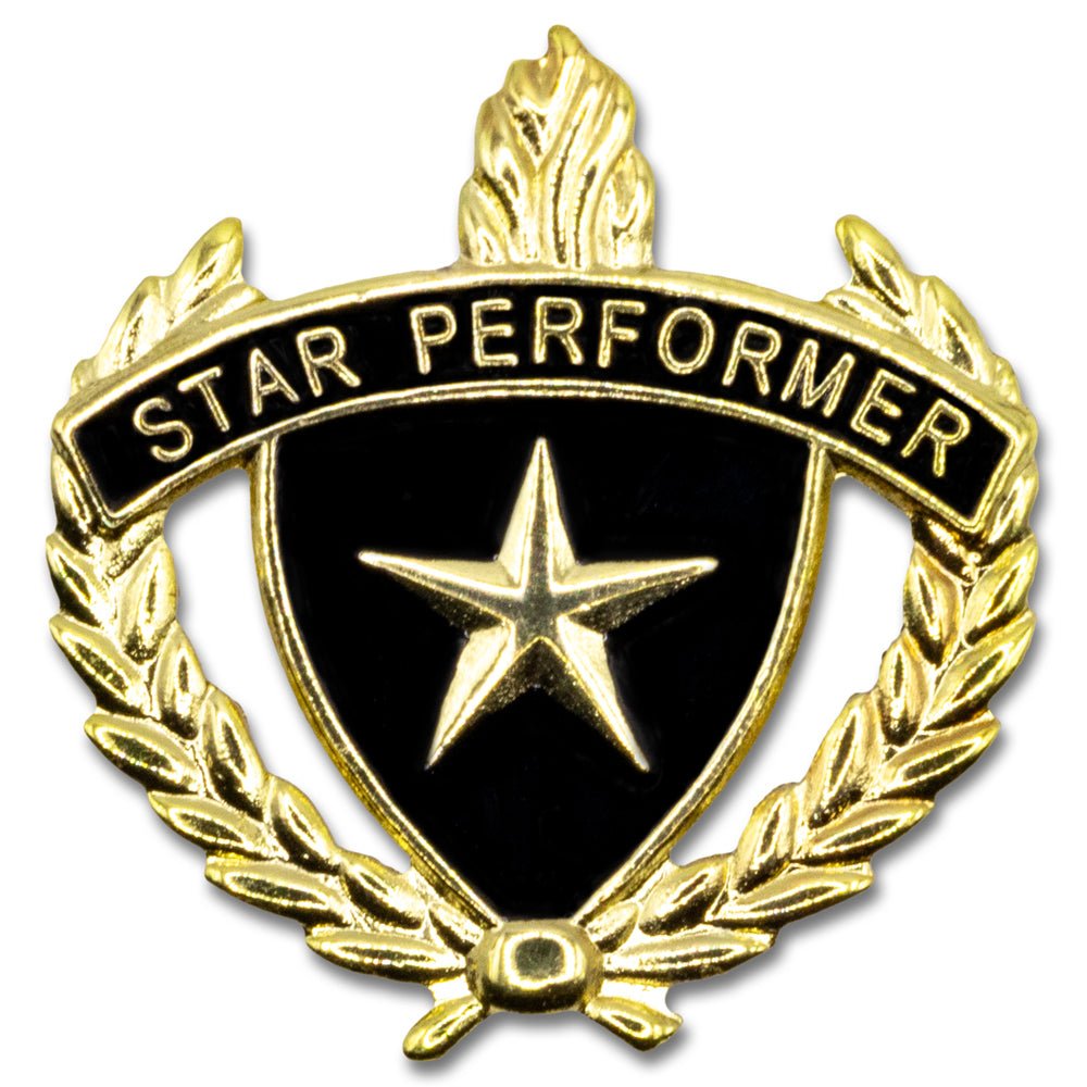 1 Inch Gold "Star Performer" with Lamp of Learning and Wreaths Enameled Lapel Pin-Brooches & Lapel Pins-Lapel Pin Corner