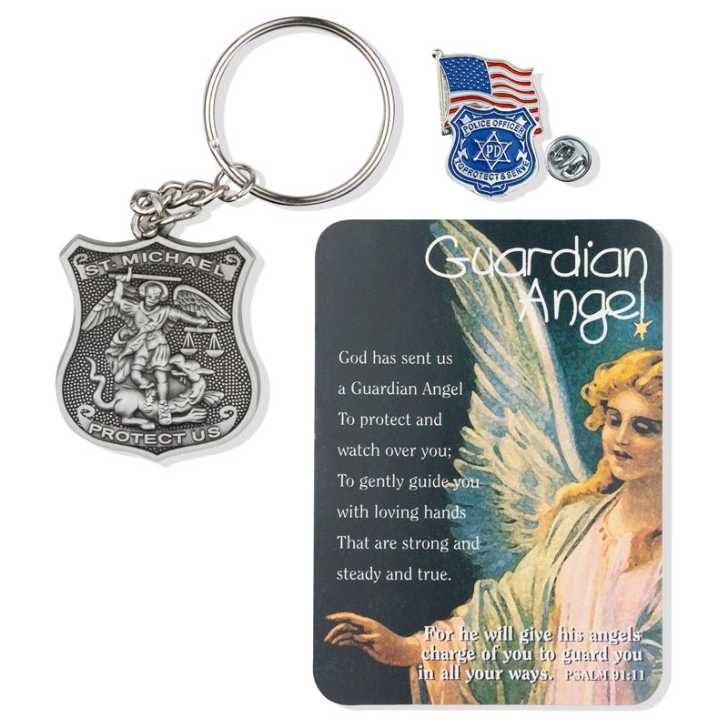Police Officer "Guardian Angel" Appreciation Boxed Gift Set-Includes Verse Card, Keychain, and Lapel Pin-Brooches & Lapel Pins-Lapel Pin Corner