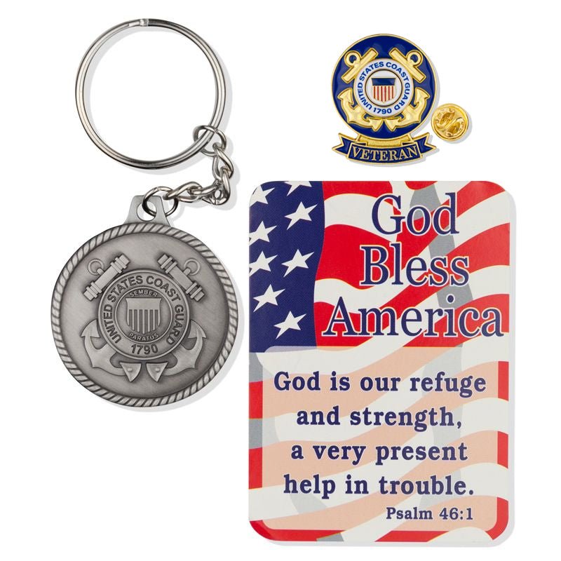 United States Coast Guard Veteran "God Bless America" Appreciation Boxed Gift Set-Includes Verse Card, Keychain, and Lapel Pin-Brooches & Lapel Pins-Lapel Pin Corner