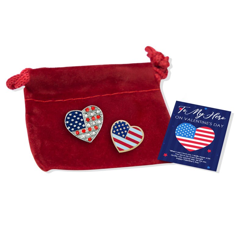 American Flag Hearts Lapel Pin Appreciation Gift Set - Includes 2 Pins, Greeting Card, and Gift Bag - Lapel Pin Corner