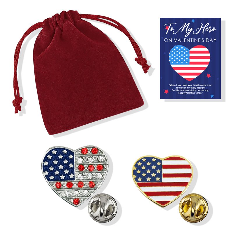 American Flag Hearts Lapel Pin Appreciation Gift Set - Includes 2 Pins, Greeting Card, and Gift Bag - Lapel Pin Corner
