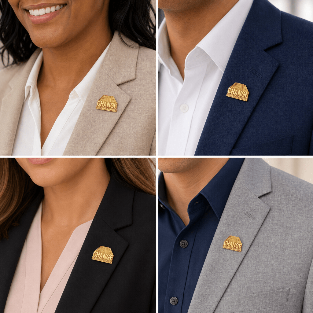 Gold "Change Insures the Future" Chenille Pin - Lapel Pin Corner