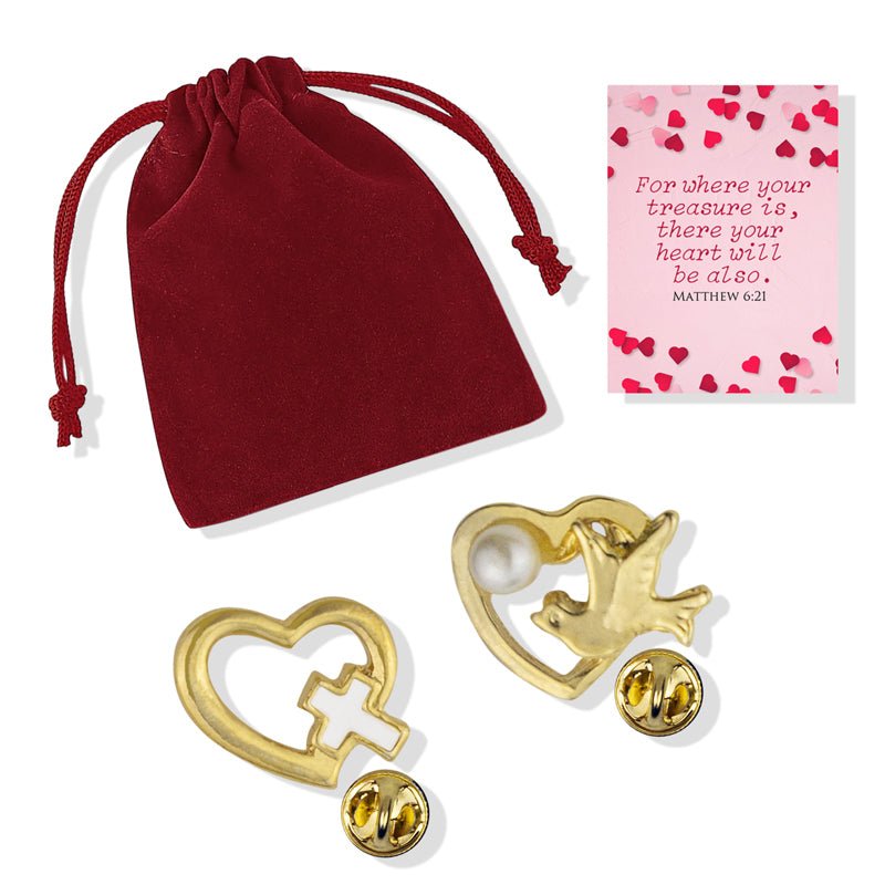 Gold Heart with Dove and Gold Heart with Cross Lapel Pin Appreciation Gift Set - Includes 2 Pins, Verse Card, and Gift Bag - Lapel Pin Corner