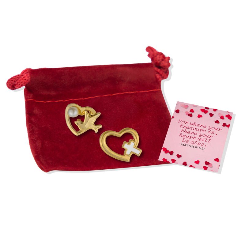 Gold Heart with Dove and Gold Heart with Cross Lapel Pin Appreciation Gift Set - Includes 2 Pins, Verse Card, and Gift Bag - Lapel Pin Corner
