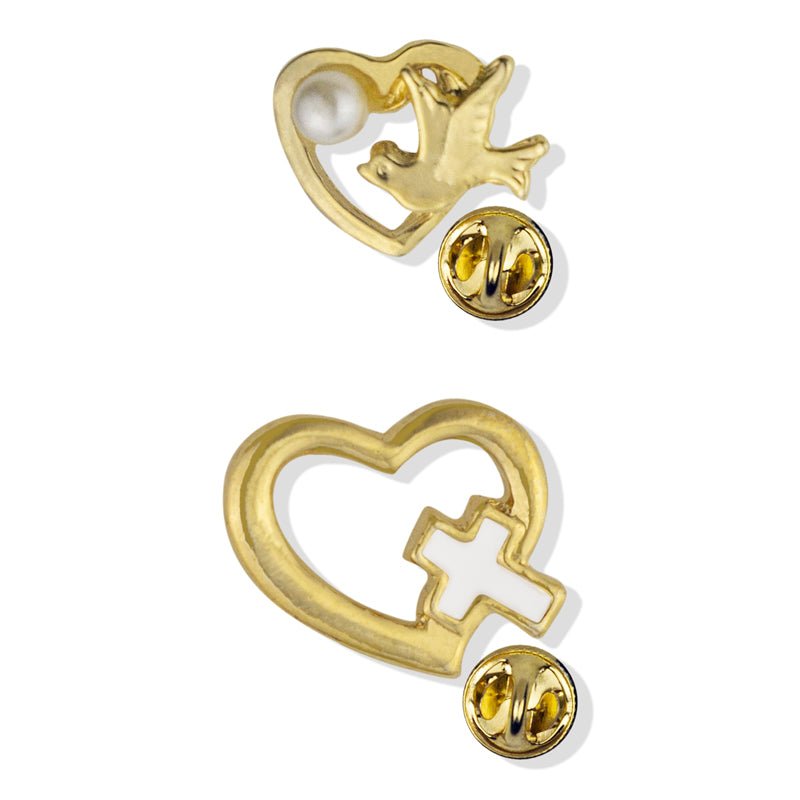 Gold Heart with Dove and Gold Heart with Cross Lapel Pin Appreciation Gift Set - Includes 2 Pins, Verse Card, and Gift Bag - Lapel Pin Corner