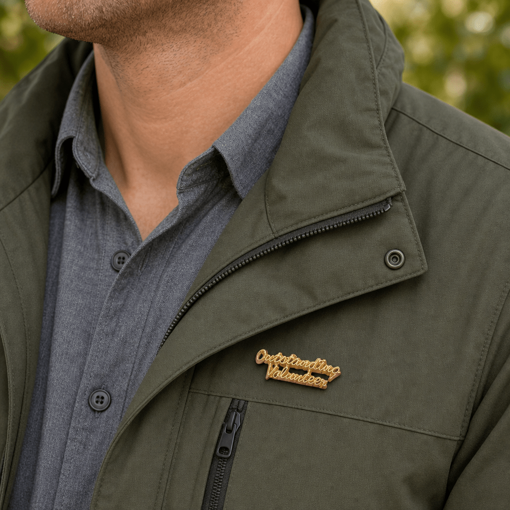 Gold "Outstanding Volunteer" Chenille Pin - Lapel Pin Corner