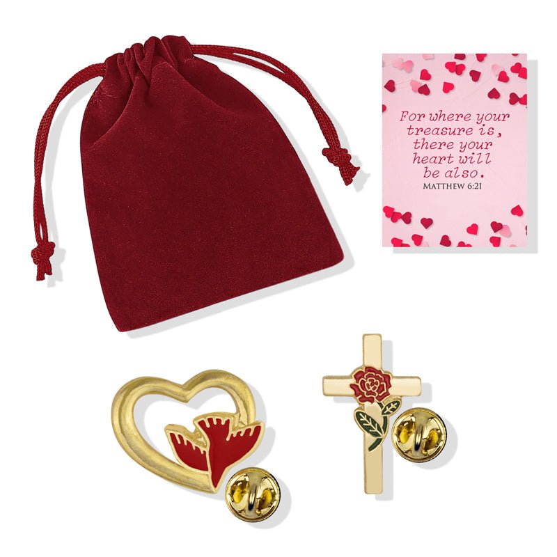 Rose Cross and Red Dove Heart Lapel Pin Appreciation Gift Set - Includes 2 Pins, Verse Card, and Gift Bag - Lapel Pin Corner