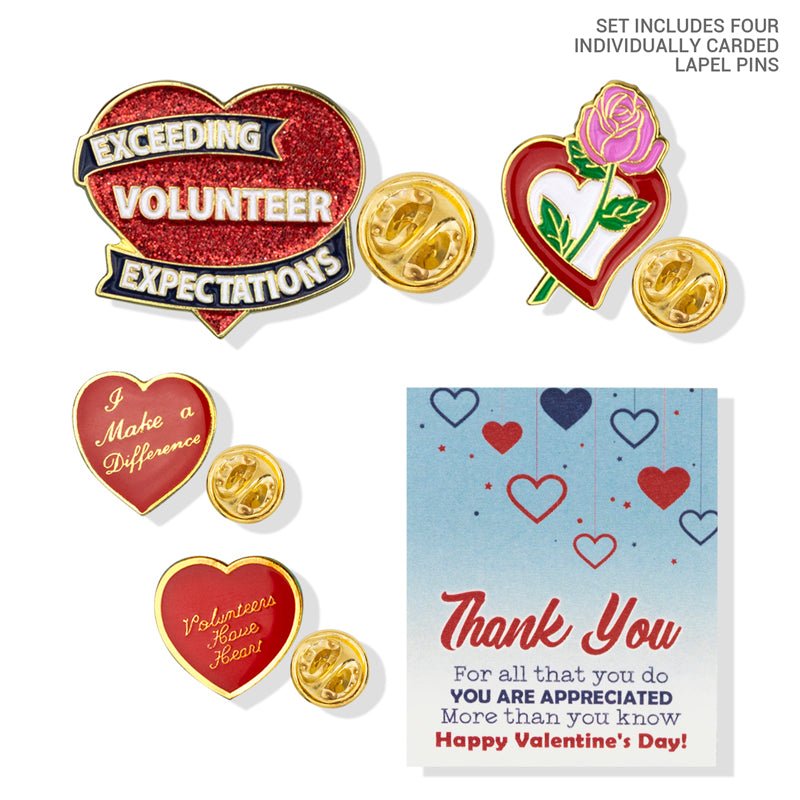 "Volunteers Have Heart" Lapel Pin Appreciation Gift Set - Includes 4 Individually Carded Pins - Lapel Pin Corner